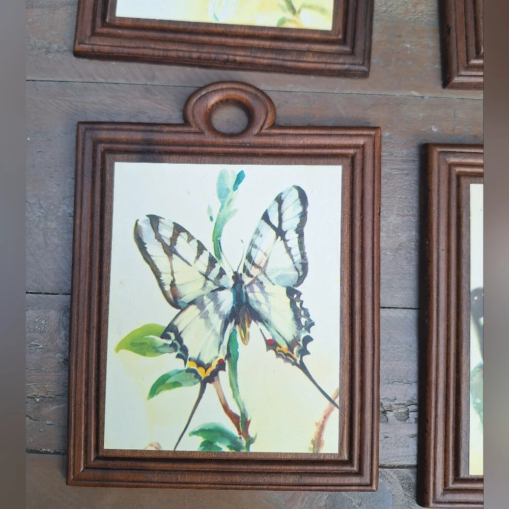 Vintage Wooden Wall Hanging Butterfly Decor Set of 4 Wood Watercolor Prints